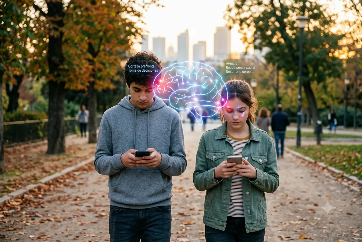 Adolescente utilizando un teléfono celular mientras observa la pantalla