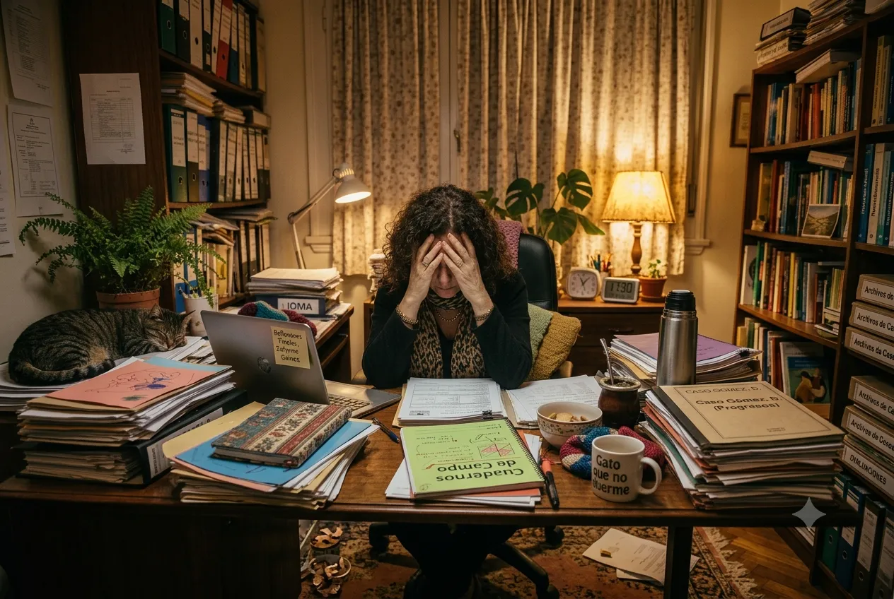 Psicopedagoga en un escritorio analizando carpetas y reportes institucionales