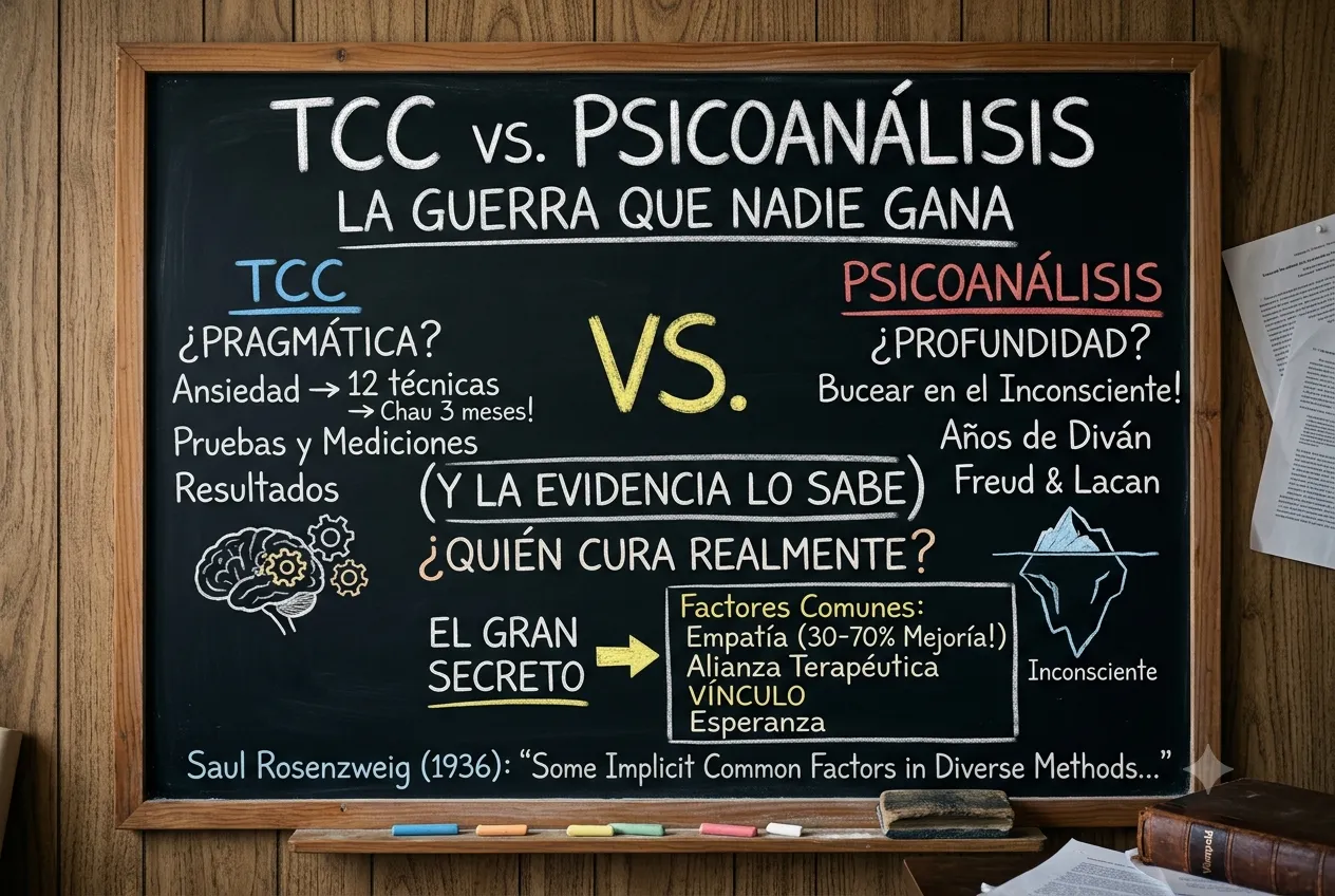 Un diván tradicional de psicoanálisis frente a una silla de terapia moderna
